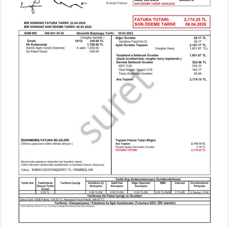 Vodafone Onaysız Aşım Ücretleri Nedeniyle Şok Fatura Ve Çözüm Talebi