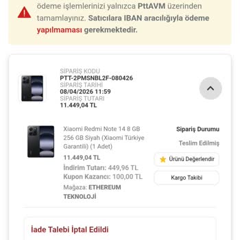 Epttavm Açılmış Note 14 İçin Tam İade Talebi