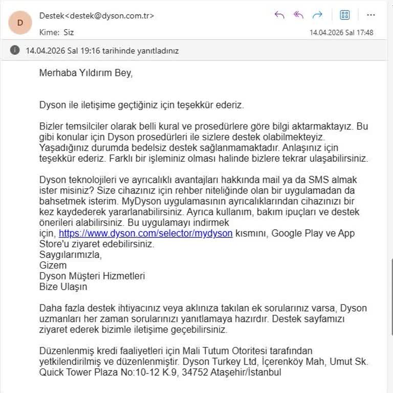 Dyson Çağrı Merkezinin Söz Verdiği Ücretsiz Pnömatik Başlık Gönderilmedi