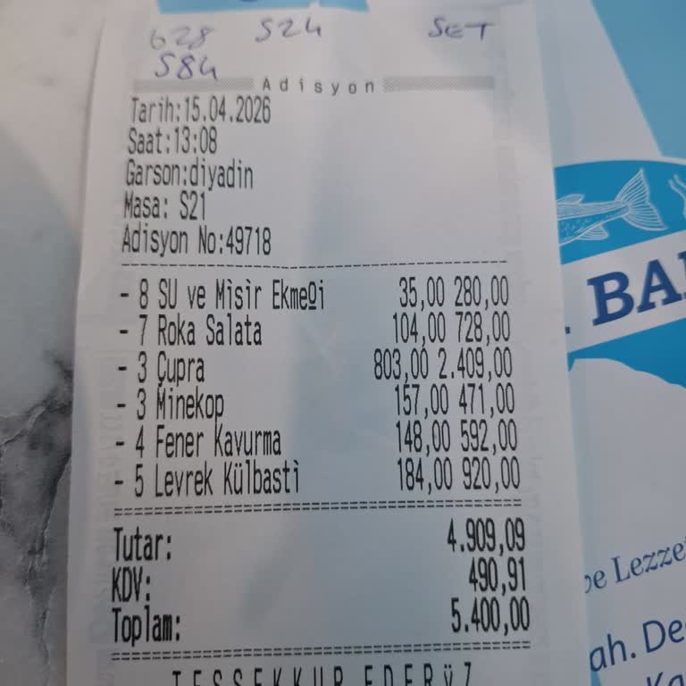 Kozyatağı Tuzda Balık Şubesinde İstenmeyen Su Ve Mısır Ekmeği Ücreti