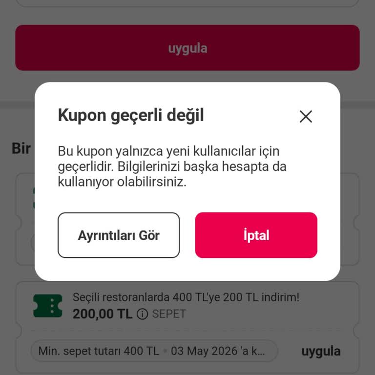 Yemeksepeti 3.300 TL Değerindeki Kuponlarım Hesabımda Kullanılamıyor