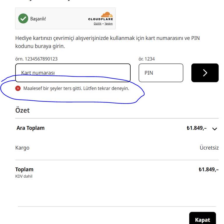 Sanal Hediye Çeki Kullanılamıyor, Sürekli Bir Şeyler Ters Gitti Hatası