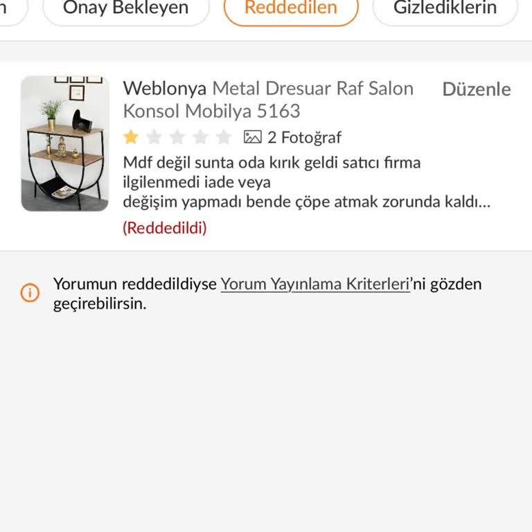 Kırık Gelen Dresuar Ve Yorumun Yayınlanmaması