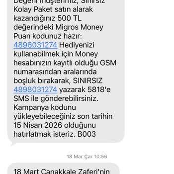 Sınırsız Kolay Paket Satın Alımında Verilen 500 TL Migros Hediye Çeki Teslim Edilmedi