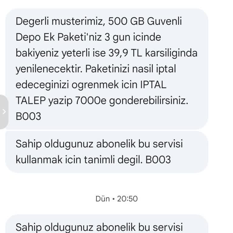 Vodafone Güvenli Depo Paketlerinin İptali Ve Otomatik Yenileme Kapatılması Talebi