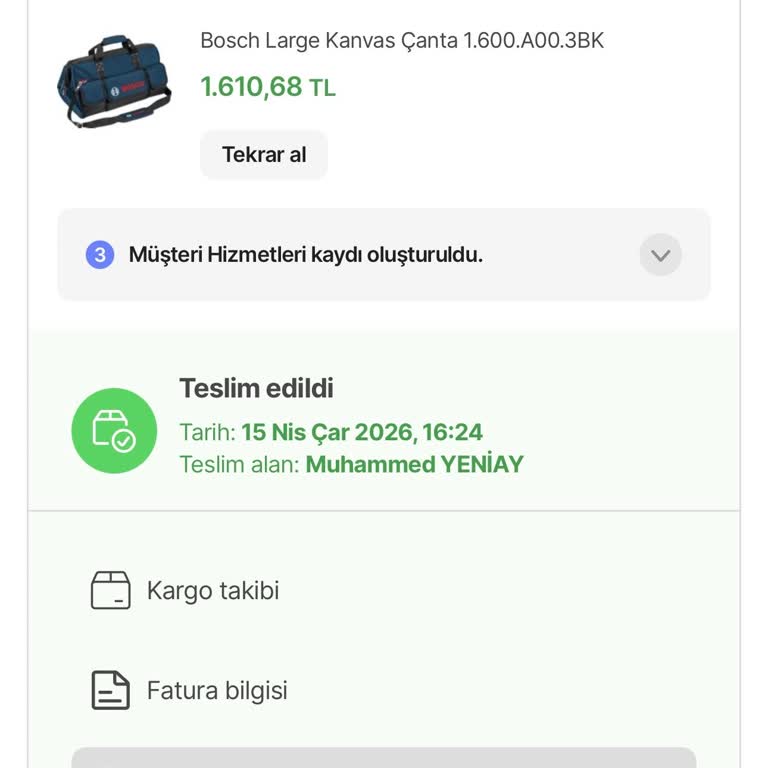 Teslim Edildi Görünen Bosch Large Kanvas 1600 Çanta Elime Ulaşmadı