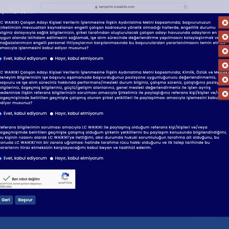 kariyerim.lcwaikiki.com Başvuru Formunda Boş Alan Uyarısı Hatası