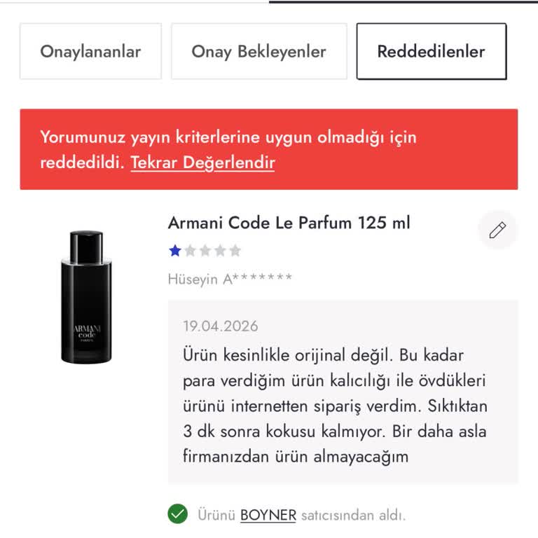 Boyner'den Aldığım Armani Code Parfüm Orijinal Değil Ve Kokusu Hızla Dağılıyor