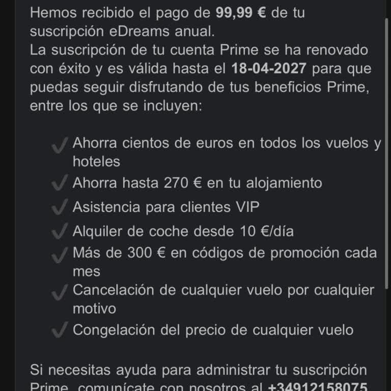 eDreams Prime cobra cuota anual sin consentimiento, pido reembolso
