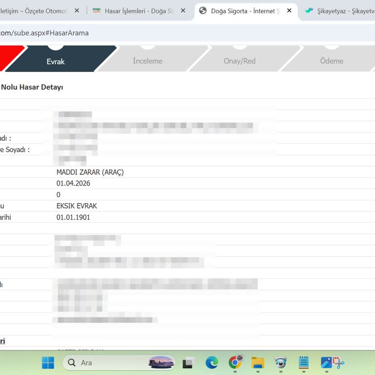 Doğa Sigorta'da Eksik Evrak Nedeniyle İşlem Sonuçlanmıyor
