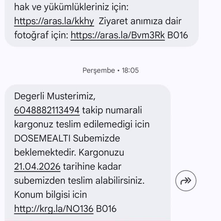 Aras Kargo Otomatik SMS Ve Şube Çelişkisi Nedeniyle Ayakkabım İade Edildi