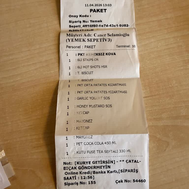 KFC Siparişi İçin Fiş/Fatura Temin Edilememesi
