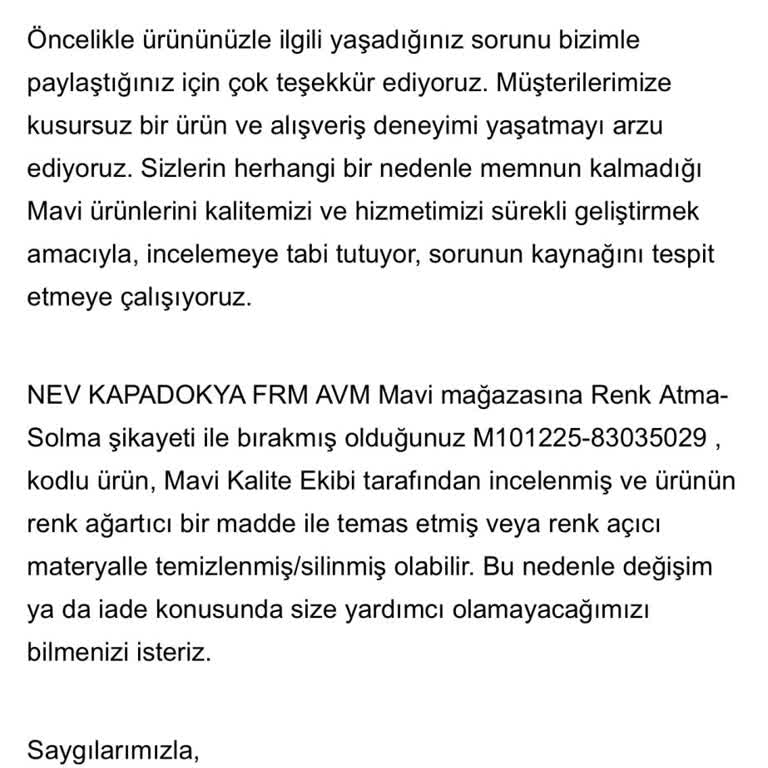 Mavi Mağazasındaki Kot Pantolonun Renk Solması Ve İade Talebi