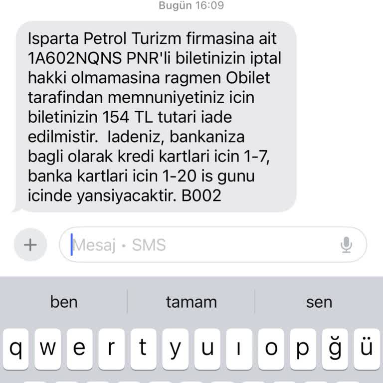 1400 TL'lik Biletin İptali Sonrası Yetersiz İade