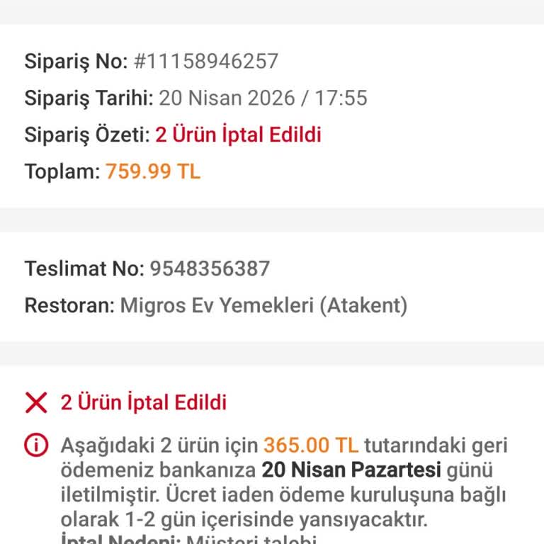 Restoranın Yemeği Yok Duyurusu Nedeniyle Yarım İade Ve Tam İade Talebi