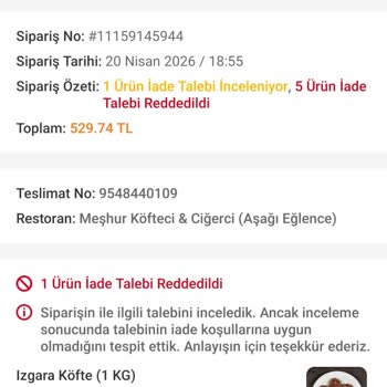 Meşhur Köfteci & Ciğerci Eksik Ürün Gönderimi