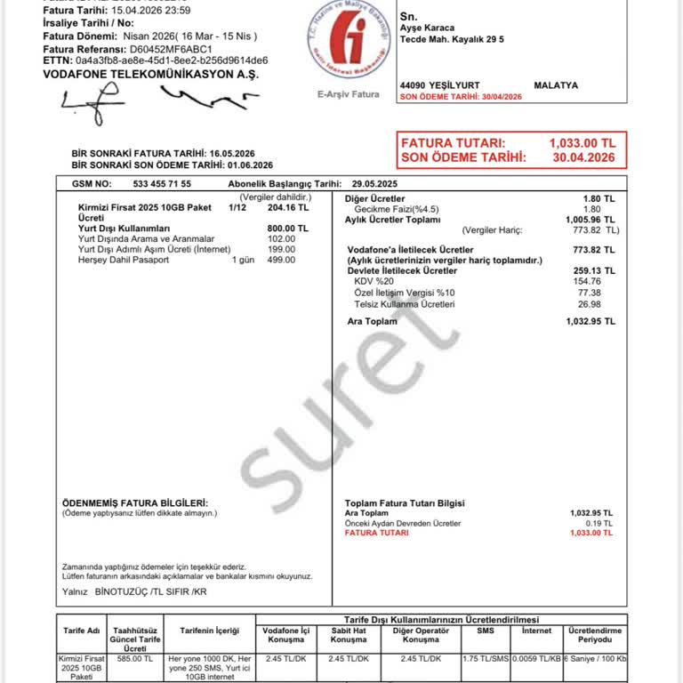 Kullanmadığım Yurt Dışı Sinyal Ücreti İçin 1.033 TL Haksız Fatura