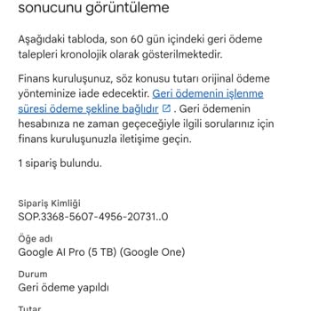 Google One Pro İadesi Bankada Görünmüyor, ARN ve Rrn Talep Ediliyor