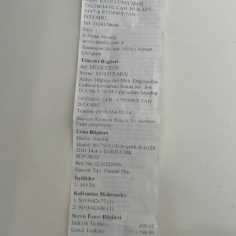 Arçelik K-6125 Süpürge Tekrar Eden Arıza Ve Ücretli Tamir İçin Ücretsiz Onarım Talebi