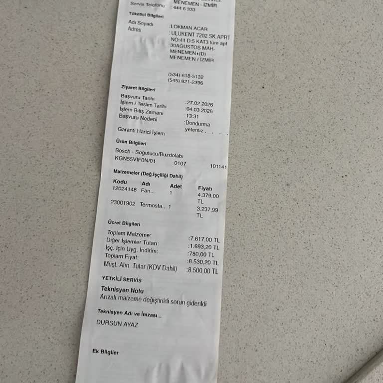 Bosch Buzdolabında Gereksiz Parça Değişimi, Yüksek Ücret Ve Kart Değişimi Sonrası İade Talebi