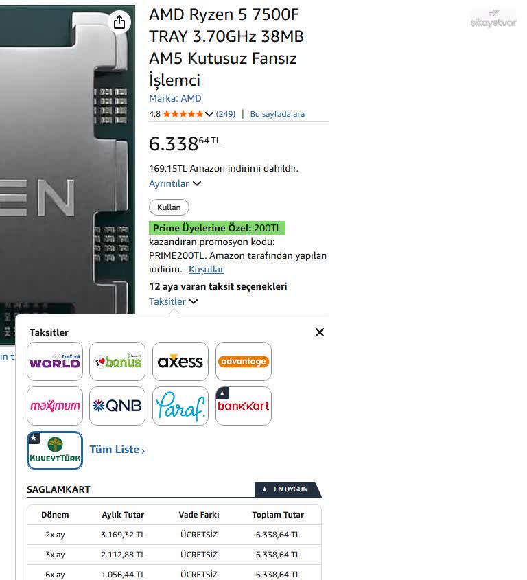 Kiru様 ご相談ページ Amazon'da 6 Taksit Seçeneği Çalışmadığı İçin Yüksek Tutarlı
