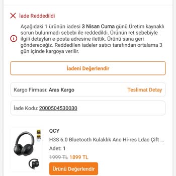 Sürekli Kopan Bluetooth Bağlantısı Nedeniyle QCY H3S Kulaklıkta Değişim Ve İade Talebi