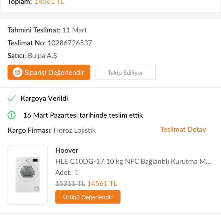 Trendyol Ve Horoz Lojistik'ten Teslim Edilmemiş Kurutma Makinesi İçin Acil İade Talebi