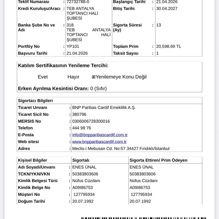 TEB Bankası Kredi Sigortasının İptali Ve 20.598,69 TL İadesi Gerekiyor