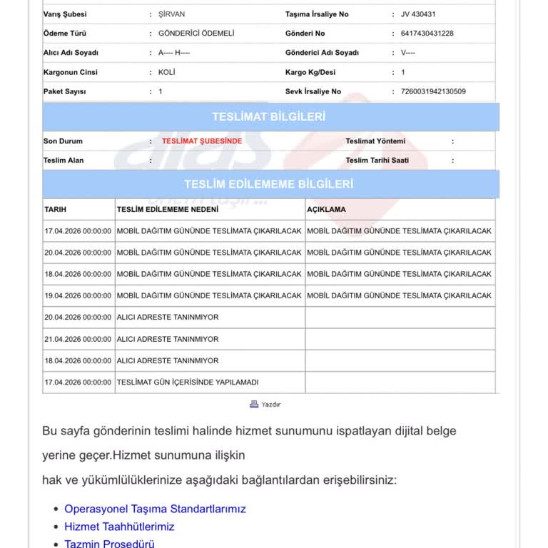Aras Kargo'nun Alıcı Adreste Tanınmıyor Notu Sonrası Kargo Teslim Edilmemesi