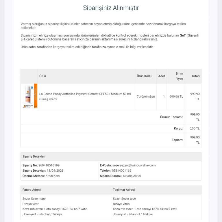 Güneş Kremi Siparişi Kargoya Verilmedi, İletişim Yok Ve İade Talebi