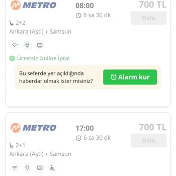 Metro Turizm 25 Mayıs 2026 08:00 Ankara‑Samsun Seferi İçin Bilet Satışı Açılmalı
