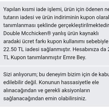 Yanlış Gelen Hamburgerler İçin Yetersiz İade Şikayeti