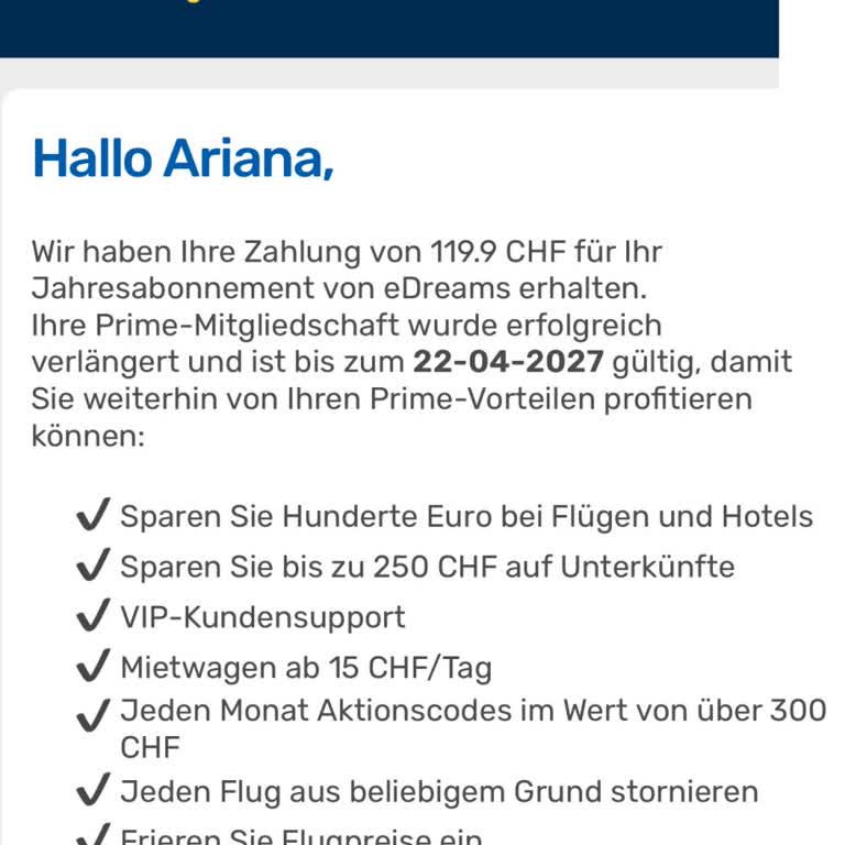 Ich Wurde Ohne Zustimmung Für eDreams Prime Mit 119,90 CHF Belastet