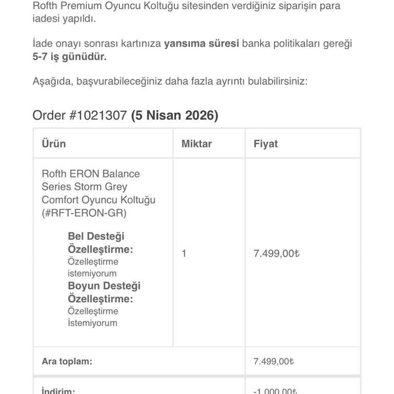 Rofth'tan 6500 TL Sipariş İptali Sonrası Kargo Gönderilmedi Ve İade Yapılmadı
