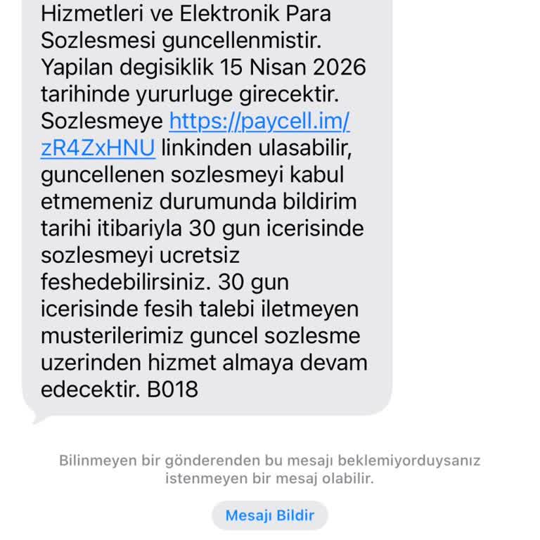 Paycell SMS Bildirimlerinden Çıkarılma Talebi