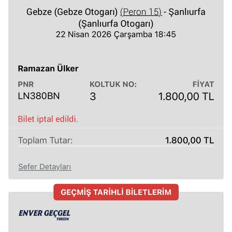 Bilet İptalinde 1.800 TL Ücretin Sadece 189 TL İadesi Ve Çözüm Sunulmaması
