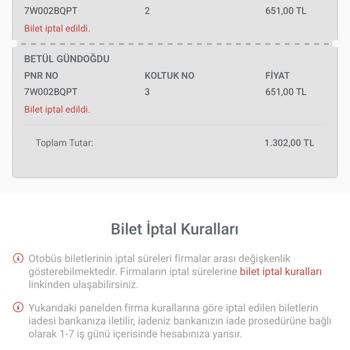 Bir Biletin 650 TL İadesi Gelmedi Ve Destek Cevapsız