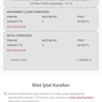 Bir Biletin 650 TL İadesi Gelmedi Ve Destek Cevapsız
