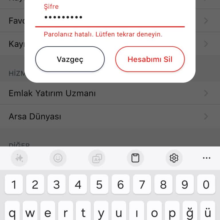 Emlakjet Uygulamasında Şifreniz Hatalı Uyarısı Nedeniyle Hesap Silme İşlemi Başarısız