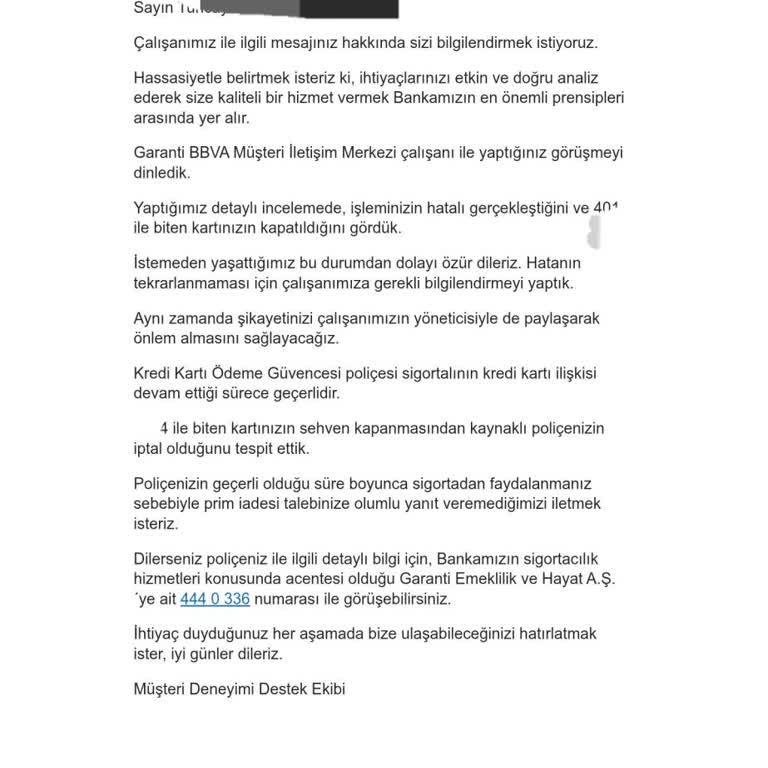 Garanti Bankası Kart Güvence Sigortasının Hatalı İptali Ve Prim İadesi Talebi