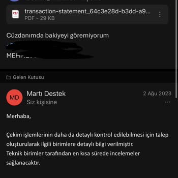 Martı Cüzdan’a Yükleme Görünmesine Rağmen Bakiye Yansımadı Ve Destek Yanıt Vermedi