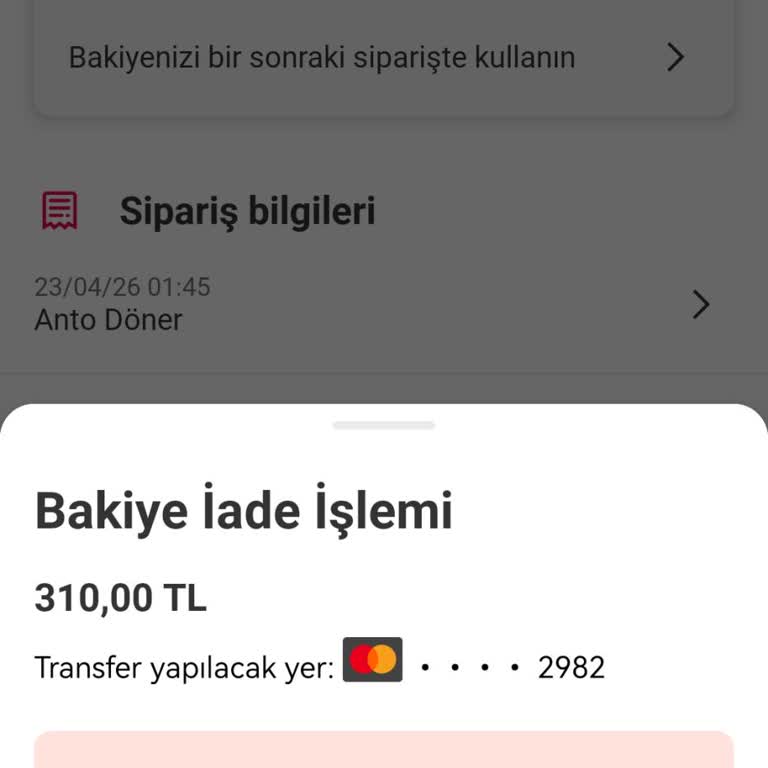 Yemeksepeti İptal Edilen Siparişin İadesi Cüzdanda Kaldı Ve Banka Kartına Transfer Edilemiyor