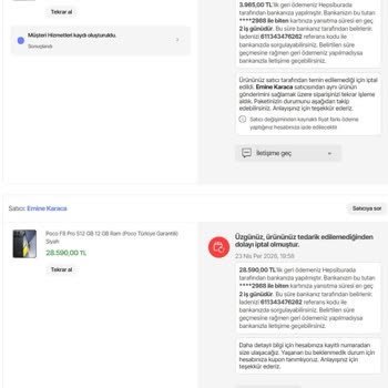 Poco F8 Pro İçin Kredi Kartı Ödemesi Reddi Ve Fiyat Farkı Nedeniyle Sipariş İptali