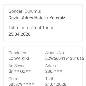 LCW Siparişim Bölge Dışı Düşen Kargo Nedeniyle Teslim Edilemedi