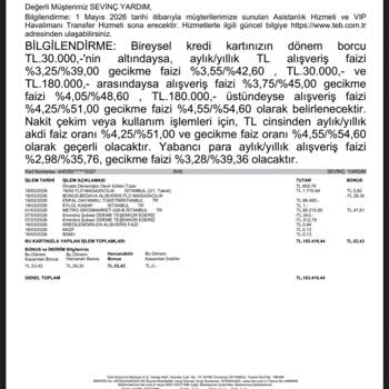 TEB SHE Kartıma Yansıtılan 3.274 TL Aşırı Faiz İçin Açıklama Ve İade Talebi