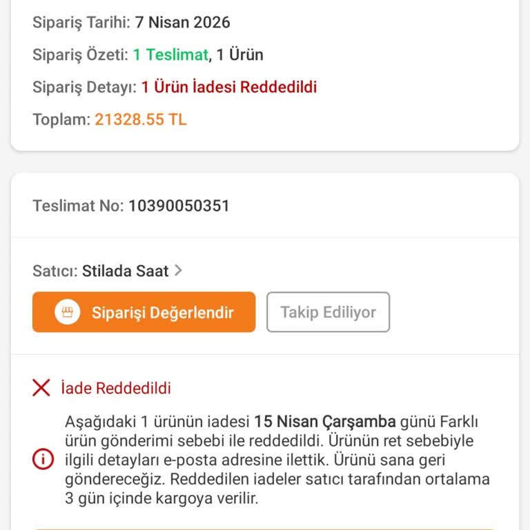 Rays Giyim Yanlış İade Süreci Nedeniyle Saatimin Teslim Edilmemesi