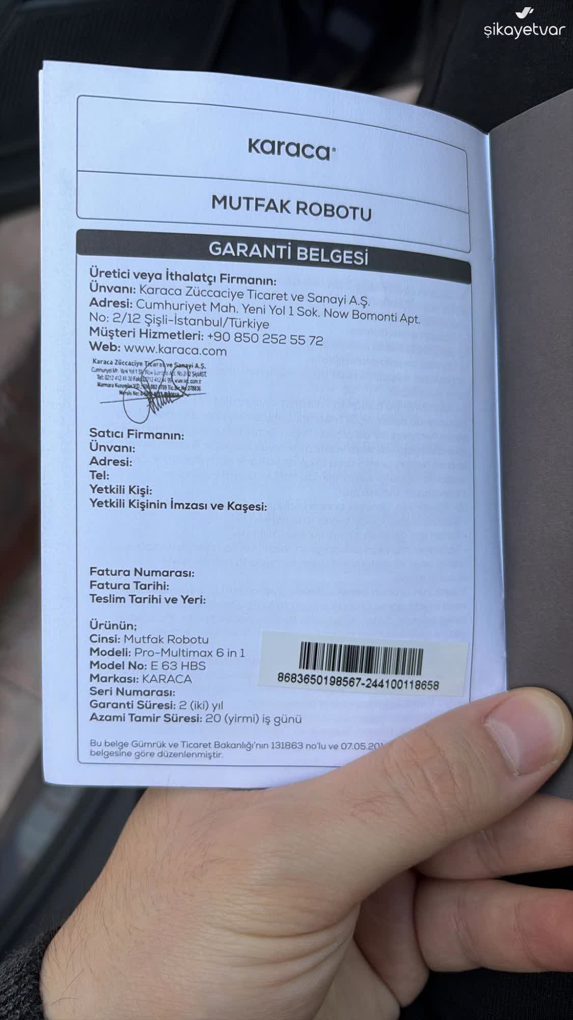 Karaca Züccaciye Garanti Süresi İçinde Ücretsiz Tamir Talebim