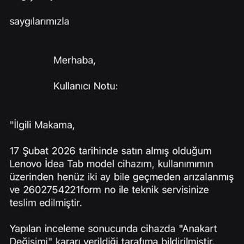Ana Kart Arızalı Tablet İçin Bedel İadesi Talebim Cevap Almıyor