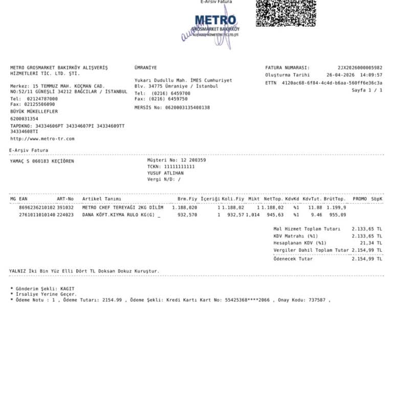 Metro Market Alışverişimde 125 TL Bonus Yüklenmedi