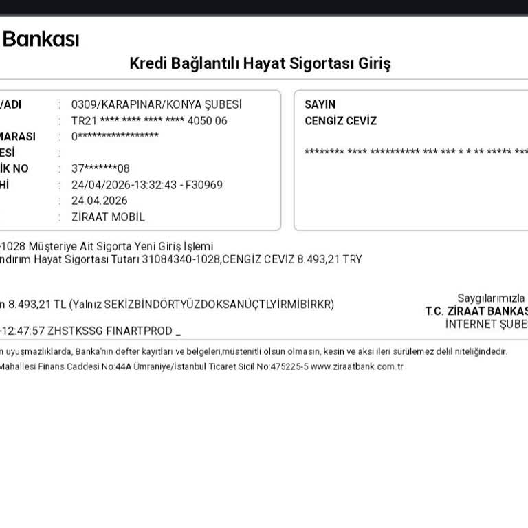 Ziraat Bankası Dijital Kredi Sigorta Kesintisinin İadesi Ve İptali İçin Cevap Bekleniyor